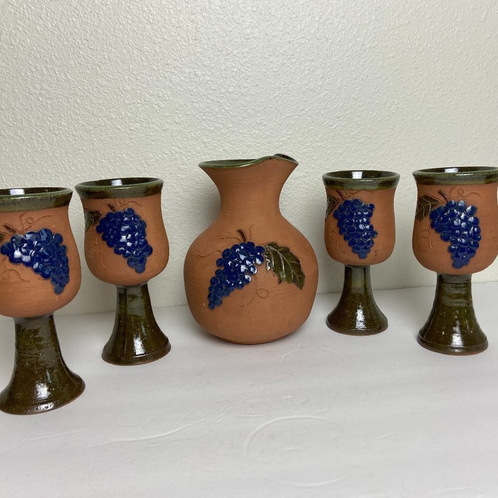 Studio Art Wine Glass Goblet Pitcher Artisan Pottery SET of 5